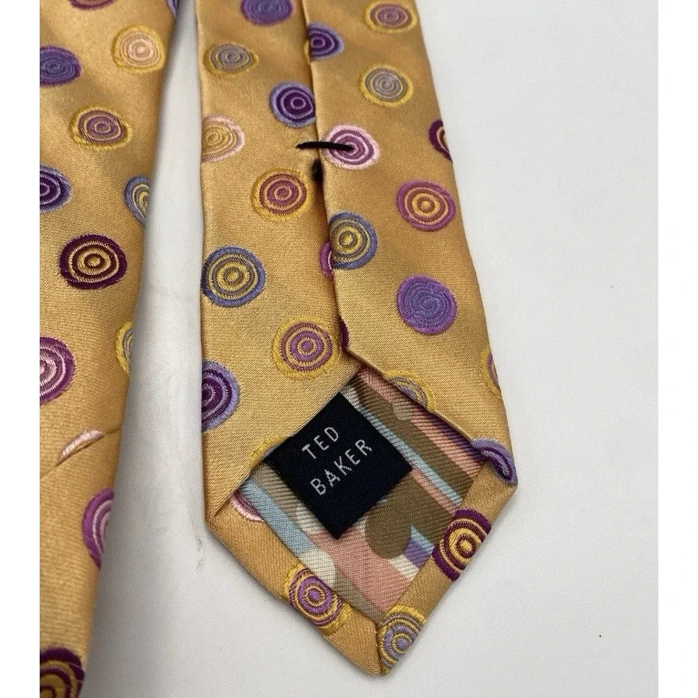 Ted Baker Mens 100% Silk Woven Neck Tie Yellow Orange‎ Multicolor Circles